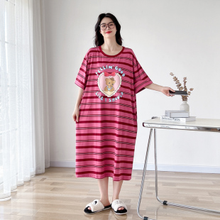中长款卡通条纹大码睡裙女夏季短袖纯棉薄款胖mm200斤睡衣家居服
