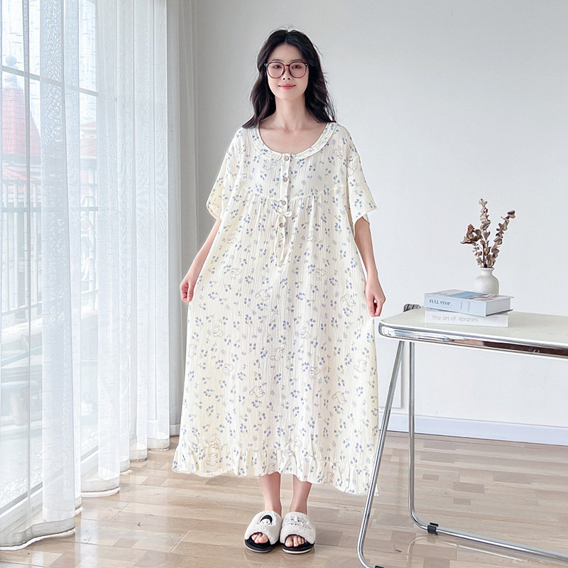 纯棉纱布加大码胖mm睡裙女夏季薄款短袖甜美加肥200斤孕妇家居服