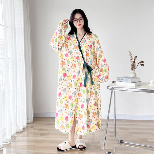 日系印花纯棉长款大码睡袍睡裙女