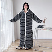睡裙女条纹舒棉绒加厚保暖胖mm睡袍家居服 拉链连帽大码 冬季 加长款
