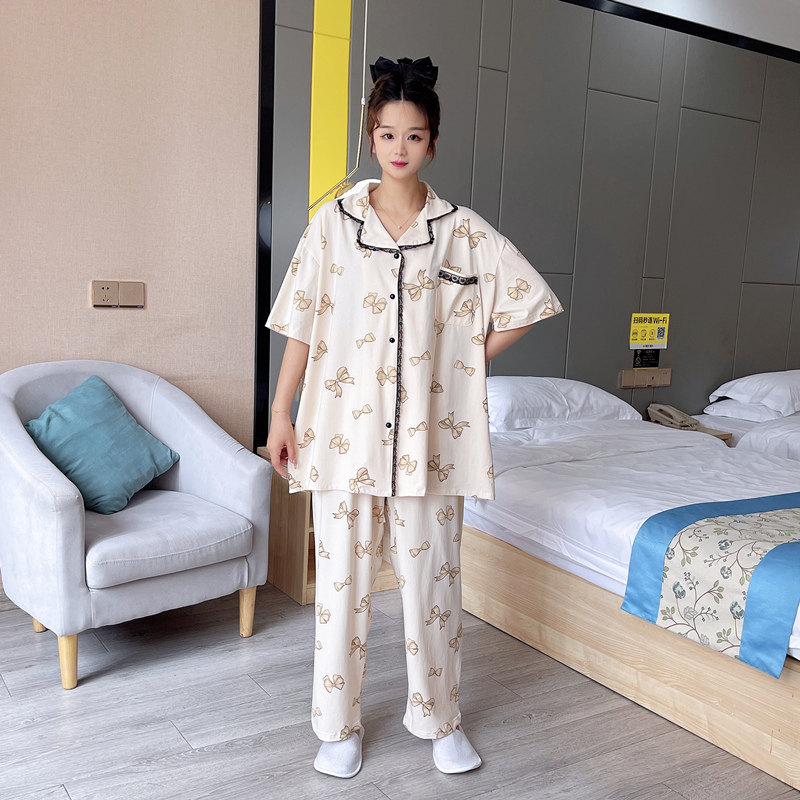 开衫纯棉蝴蝶结大码睡衣套装女