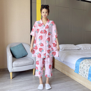 七分裤 薄款 短袖 胖妹妹家居服套装 大码 开衫 睡衣女200斤V领棉绸夏季