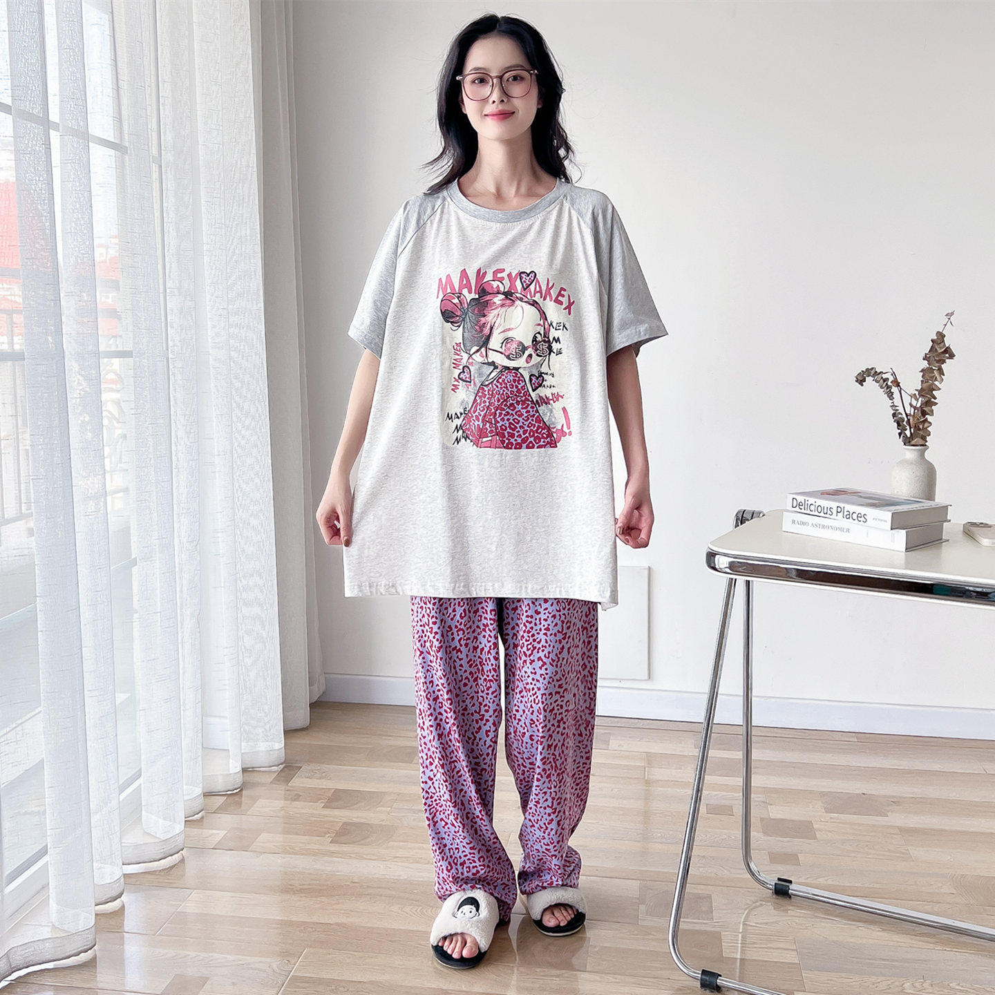 可爱女孩圆领纯棉大码睡衣女春夏季短袖长裤加肥200斤家居服套装