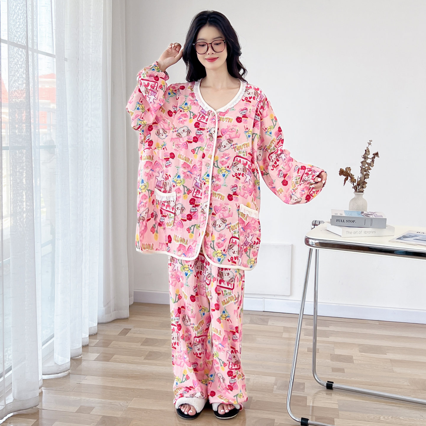 月子服大码哺乳睡衣女双层棉纱