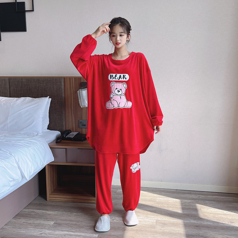 秋冬卡通加大码天鹅绒孕妇睡衣女加厚双面绒胖mm200斤家居服套装