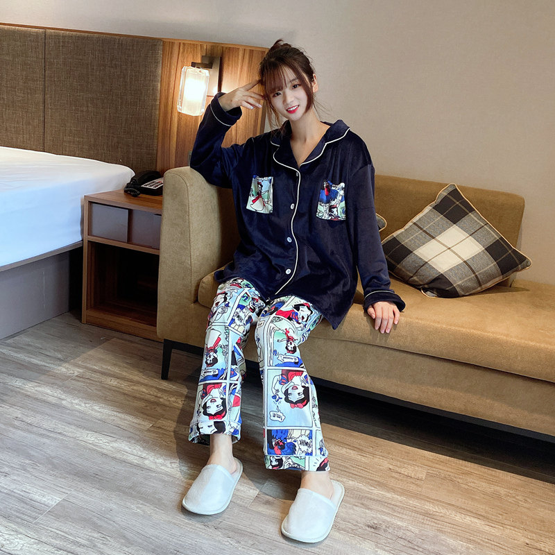 卡通珊瑚绒情侣睡衣冬季加大码薄款天鹅绒200斤男女家居服两件套