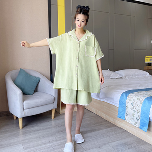 大码 短袖 简约薄款 胖mm睡衣女水洗棉200斤夏季 短裤 休闲家居服套装