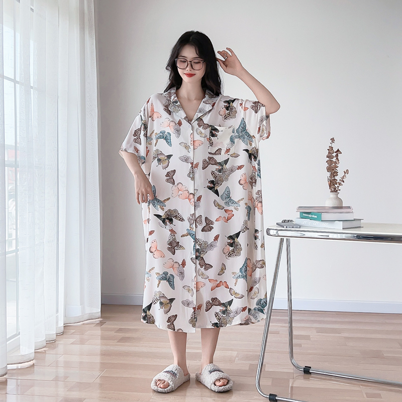 棉绸夏季卡通开衫大码睡裙女
