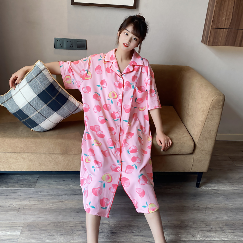 水蜜桃开衫针织棉短袖睡裙女夏可爱甜美大码胖mm200斤孕妇家居服
