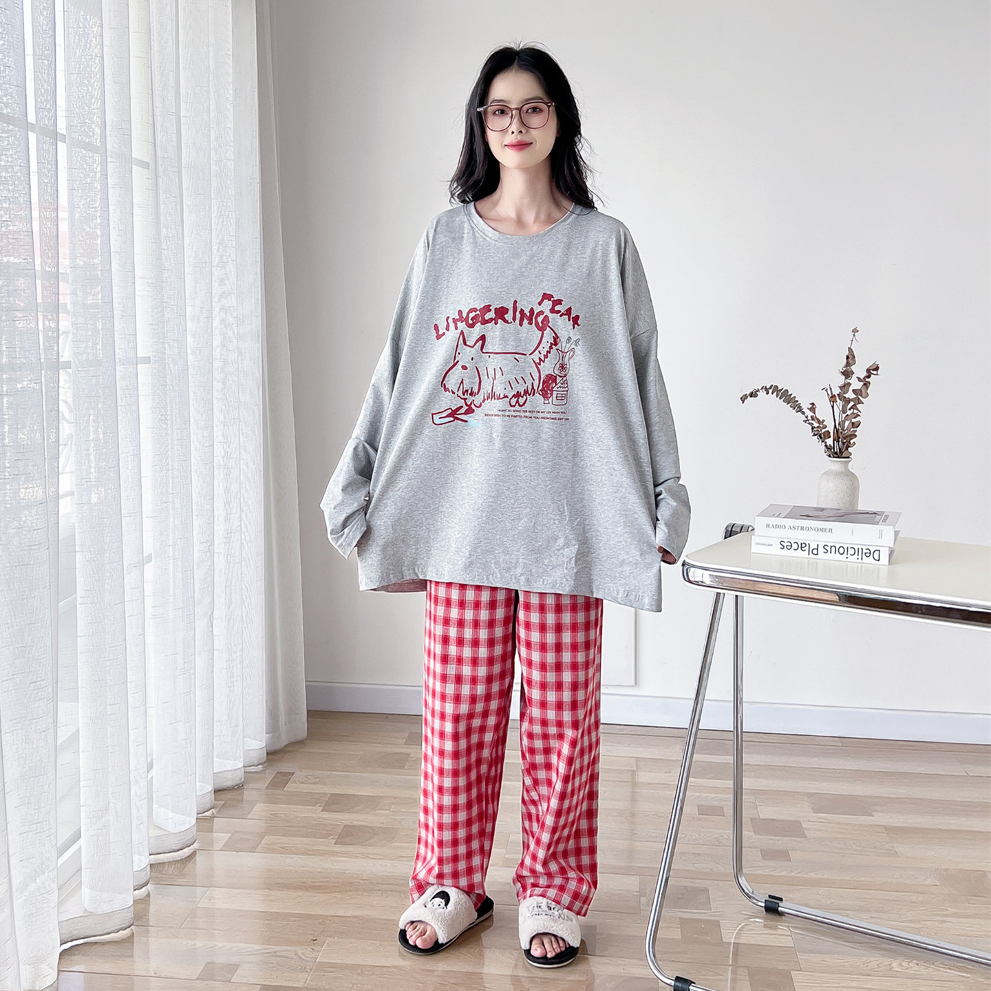 卡通狗印花纯棉大码睡衣女春秋