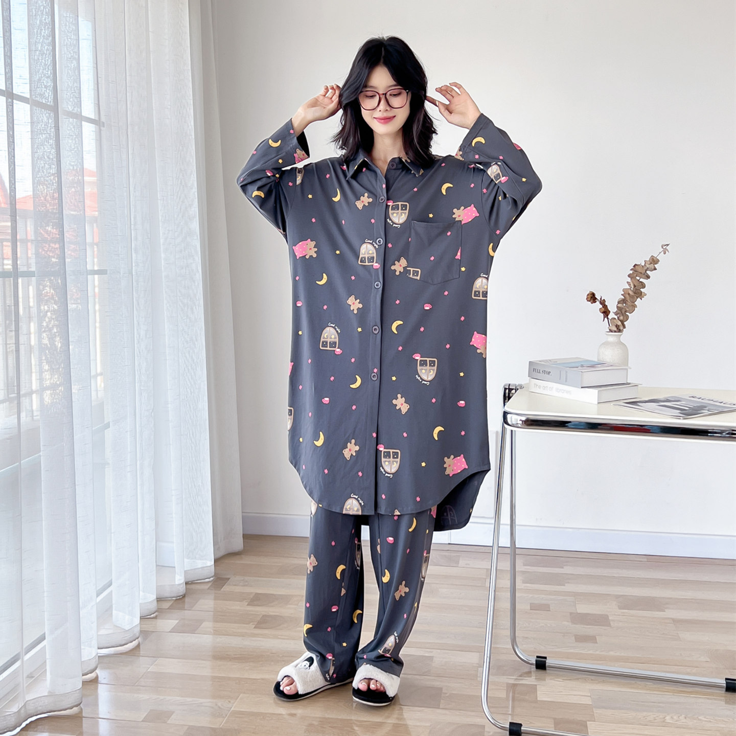 卡通开衫加长款大码睡衣套装女