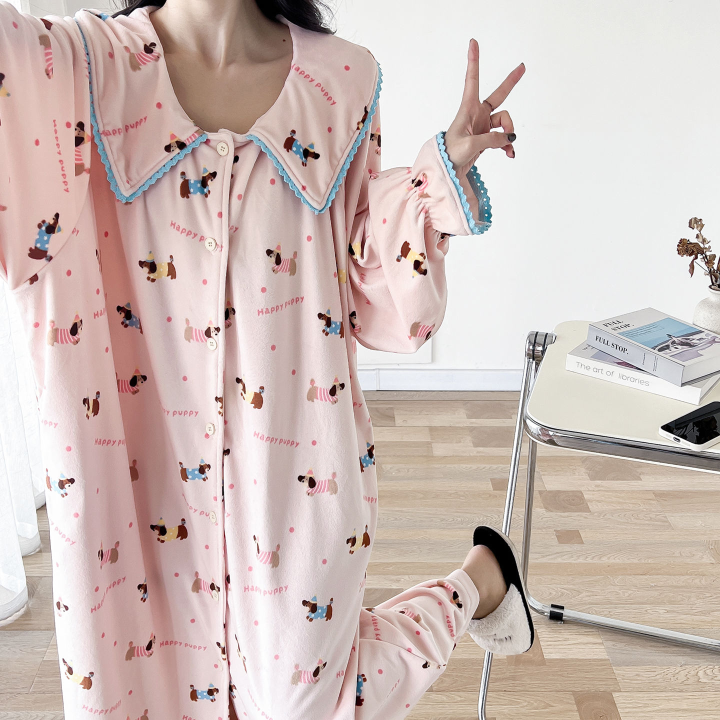 可爱翻领海岛绒大码睡裙女秋冬