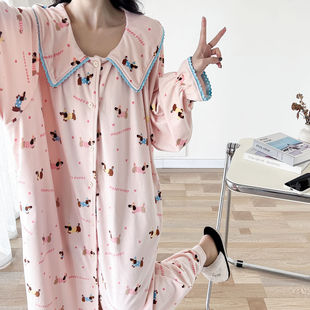 可爱翻领海岛绒大码睡裙女秋冬长袖开衫加厚胖MM200斤睡衣家居服