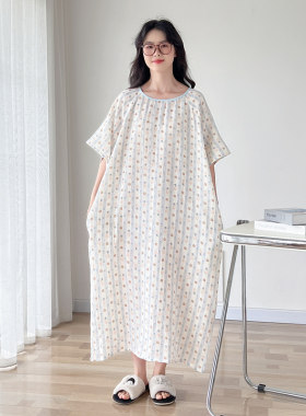 卡通短袖纯棉纱布大码睡裙女夏季
