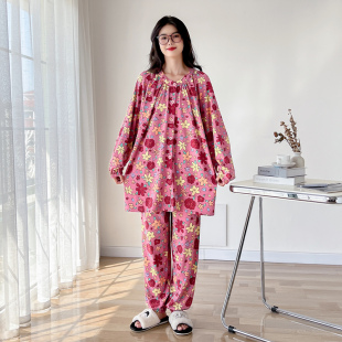 纯棉开衫 碎花家居服套装 大码 长裤 睡衣女胖mm200斤春秋长袖 新中式