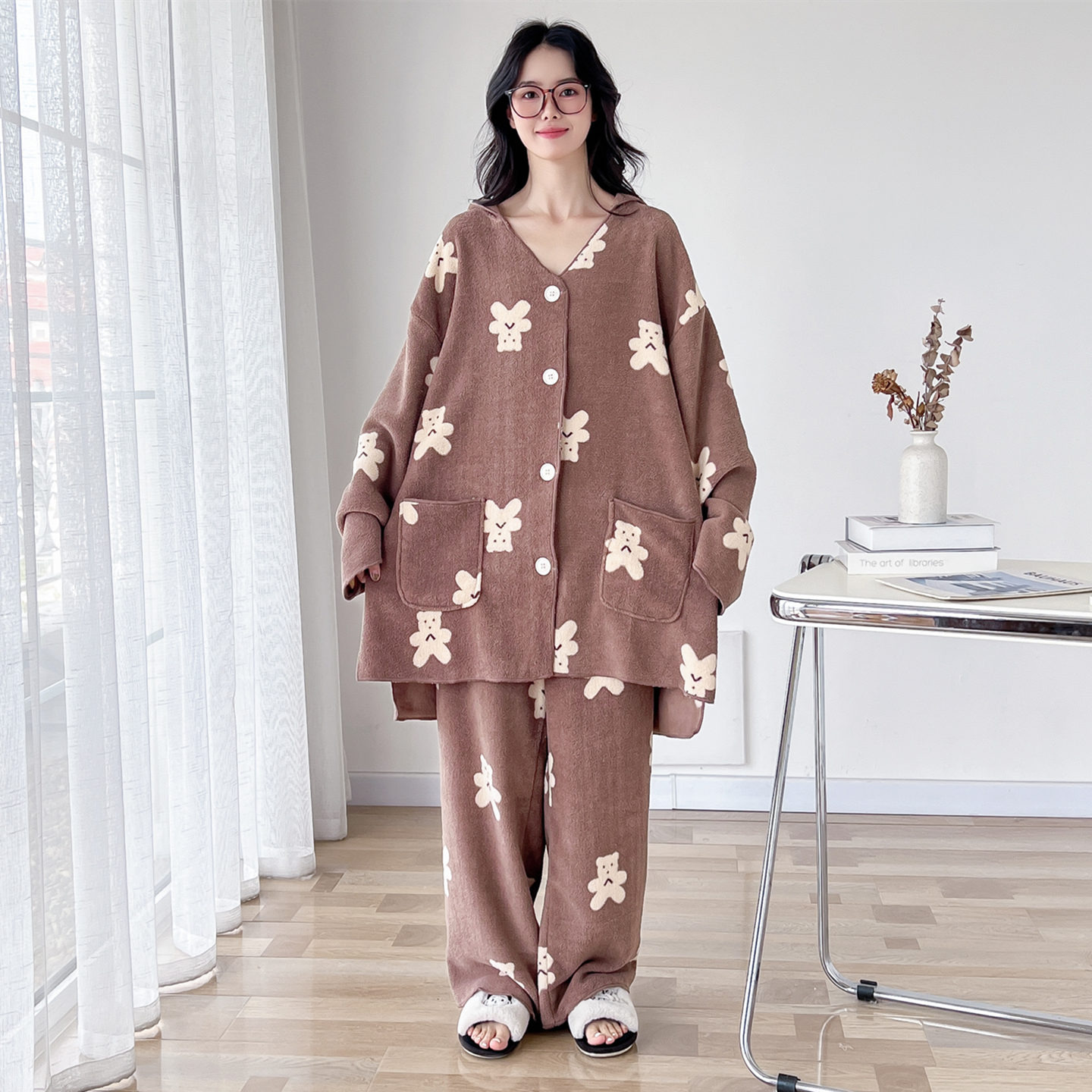 冬季V领连帽杨梅绒大码胖mm睡衣