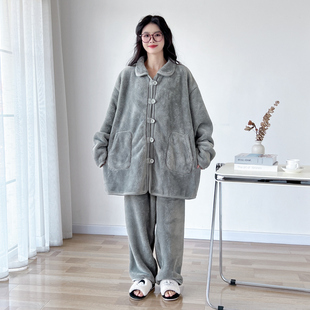 新中式盘扣珊瑚绒大码睡衣女胖mm200斤冬季加厚保暖绒家居服套装