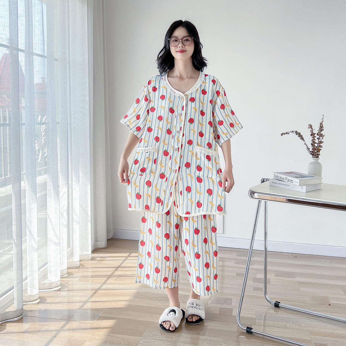 大码哺乳睡衣女夏纯棉纱布月子服