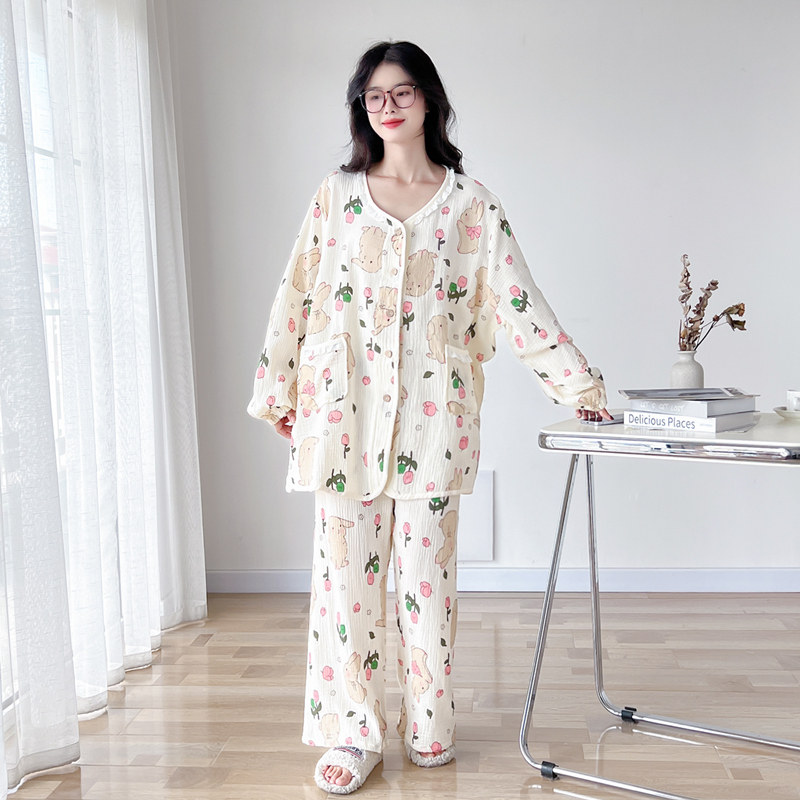 花边V领纯棉纱布大码睡衣套装女