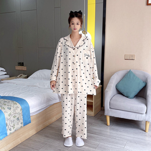 纯棉爱心长袖加大码胖mm睡衣200斤女春秋宽松甜美休闲家居服套装