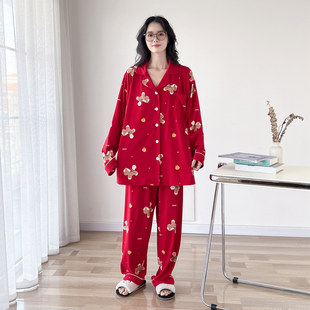 新款小马本命年纯棉大码睡衣女春秋长袖红色加肥200斤家居服套装