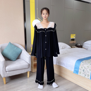 春秋新款 性感镂空蕾丝大码 莫代尔睡衣女200斤薄款 胖MM家居服套装