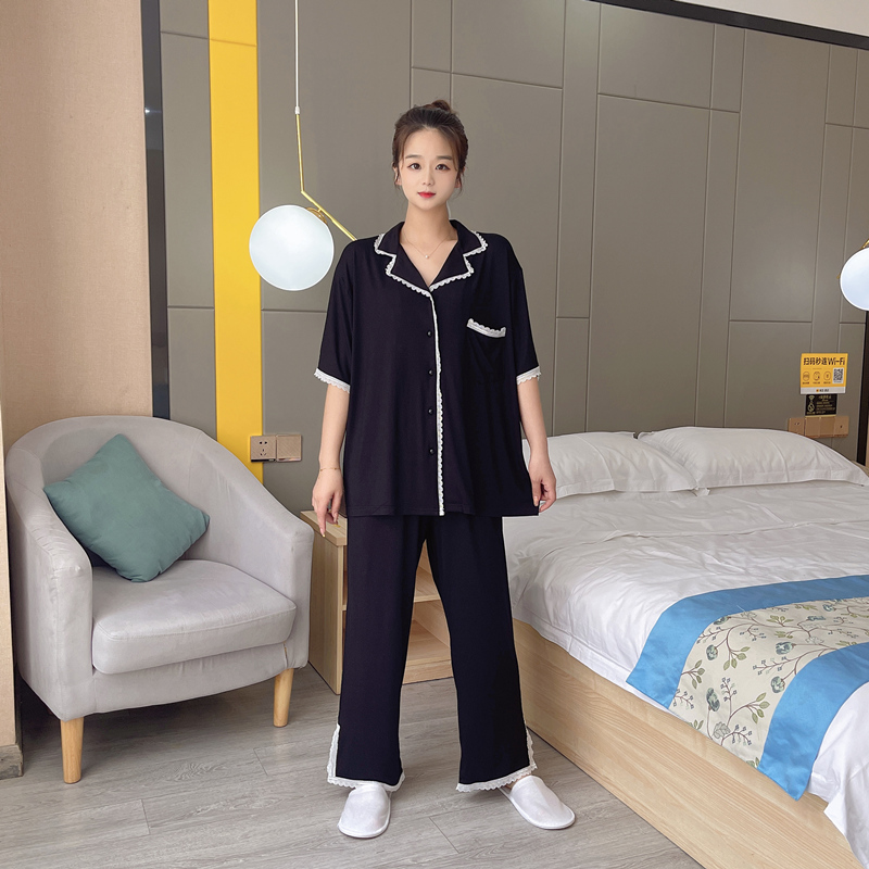 简约加大码睡衣女200斤薄款莫代尔春秋夏短袖长裤胖MM家居服套装