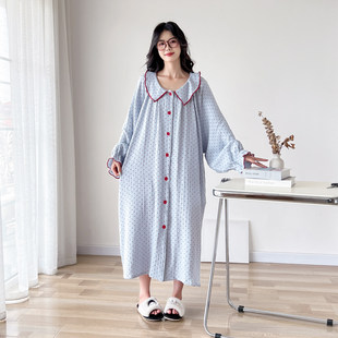 翻领开衫纯棉纱布长款大码睡裙女春秋长袖加肥加大孕妇家居睡衣裙