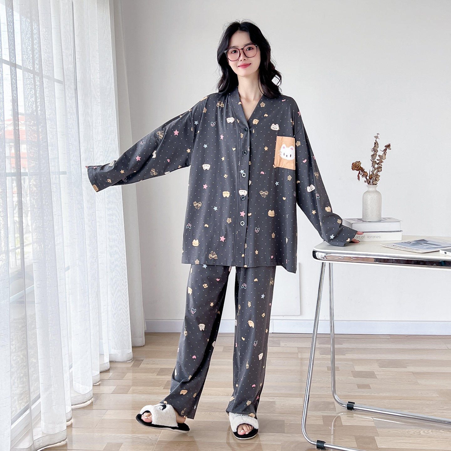 卡通V领开衫针织棉大码睡衣女春秋长袖胖mm200斤可外穿家居服套装