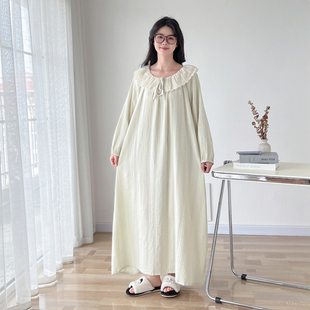 甜美公主风纯棉纱布加长大码睡裙女春秋花边长袖胖mm200斤家居服
