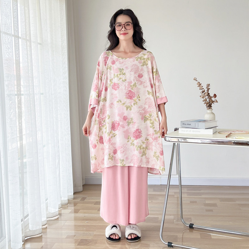 新中式薄款棉绸大码睡衣女夏短袖七分裤国风胖mm200斤家居服套装