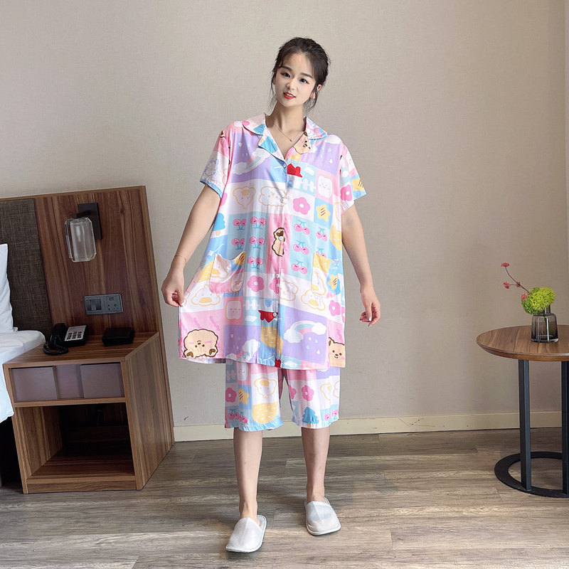 卡通大码胖mm棉绸睡衣女式夏季宽松薄款短袖七分裤绵绸家居服套装