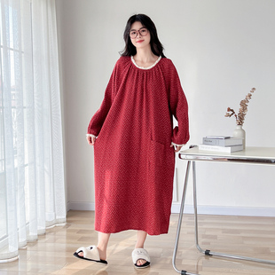 胖mm200斤睡衣家居服 长袖 日系甜美花边纯棉纱布大码 睡裙女春秋季