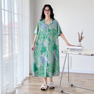 2025新款开衫棉绸大码睡裙女夏季薄款连衣裙睡衣人造棉大码家居服