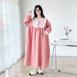 日系公主风蕾丝花边大码睡裙女春秋长袖胖mm200斤宽松睡衣家居服