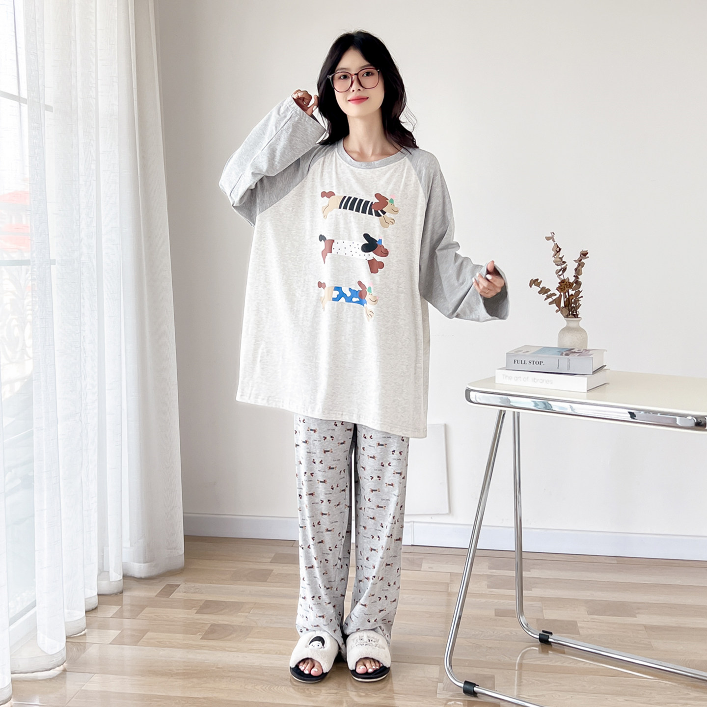 卡通狗狗大码睡衣女款春秋长袖