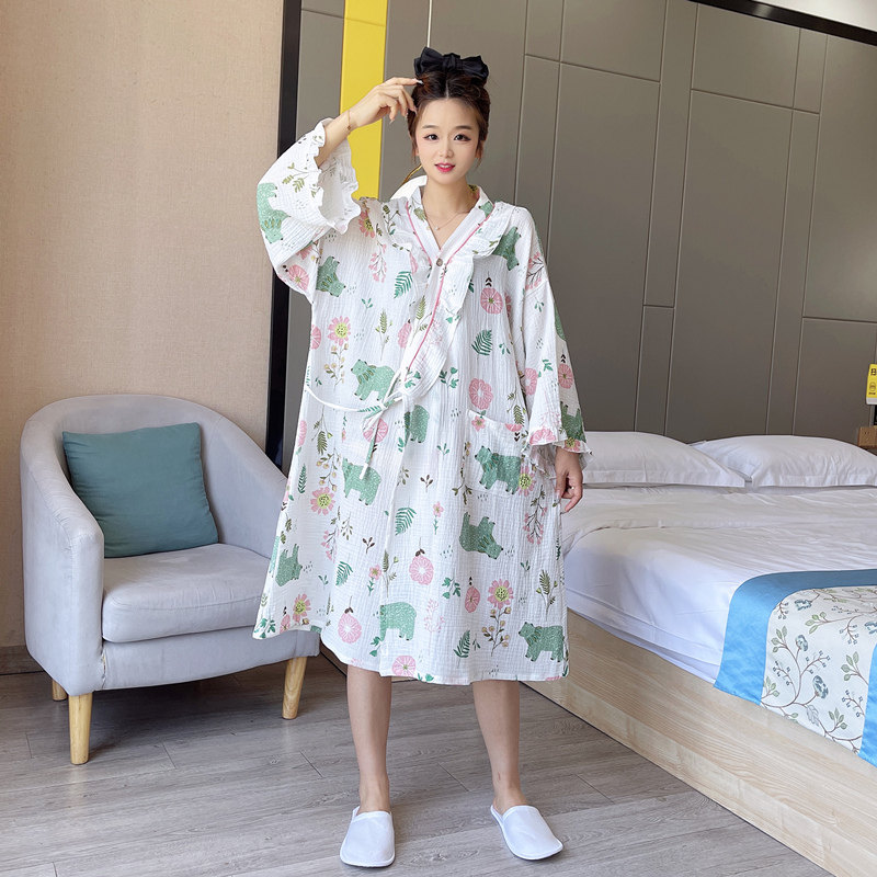 和服浴袍大码胖mm睡裙女加肥200斤纯棉纱布睡衣春秋薄款孕妇睡袍