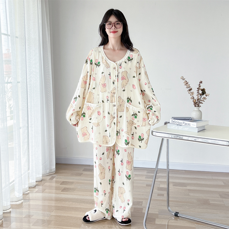 月子服纯棉纱布大码哺乳睡衣女200斤春秋孕妇产后喂奶家居服套装