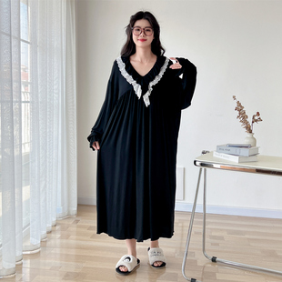 V领蕾丝莫代尔加肥加大码胖mm睡裙女200斤春秋长袖孕妇睡衣家居服