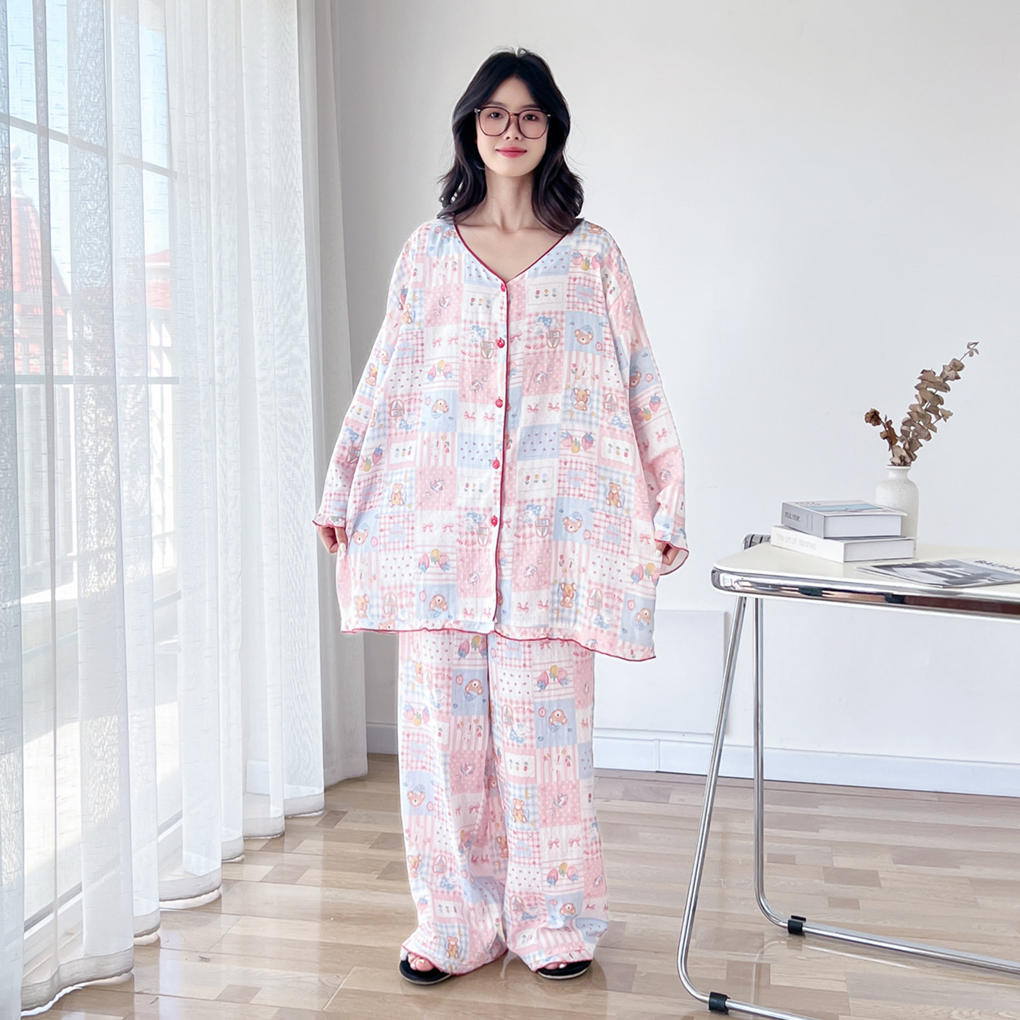 简约V领开衫双层棉纱大码睡衣女