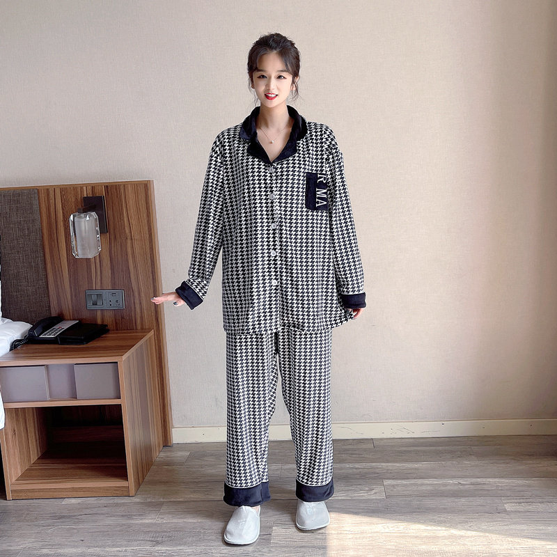 秋冬千鸟格大码天鹅绒情侣睡衣女长袖韩版200斤男士家居服两件套