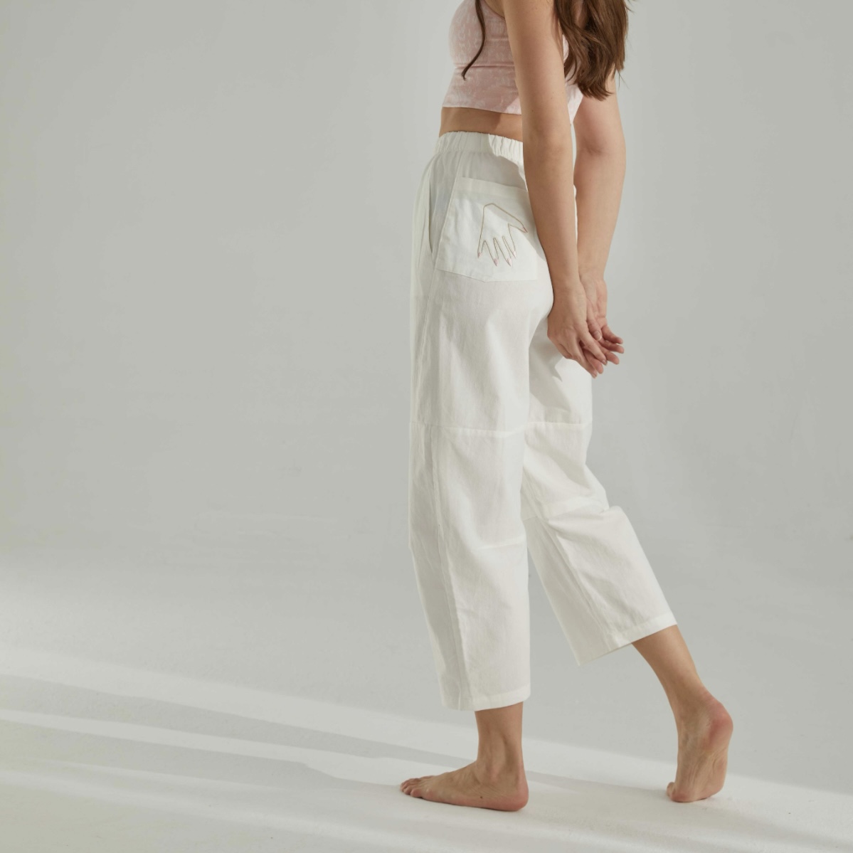 mocalilie纯棉手掌口袋刺绣瑜伽裤宽松直筒阔腿裤休闲运动萝卜裤