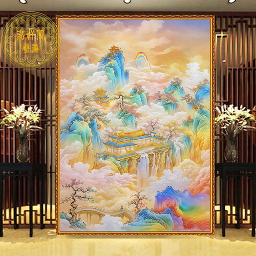 佛道仙祥云禅意山水楼阁天宫仙境堂单口玄关装饰无活物墙布挂贴画