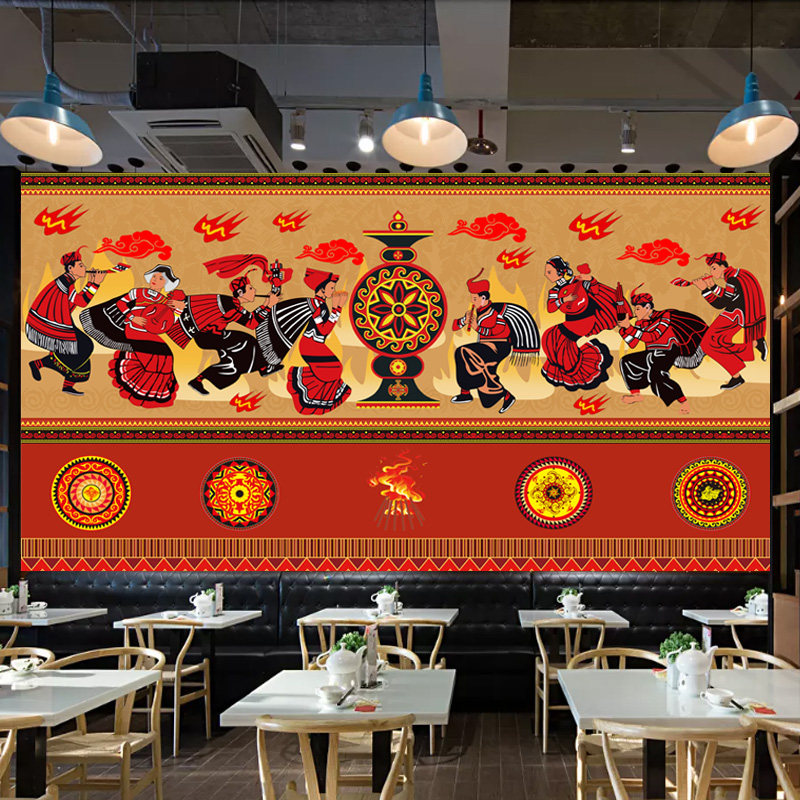 彝族民族风格图案墙布彩绘风俗饭店酒楼茶楼民宿壁纸墙纸壁画定制