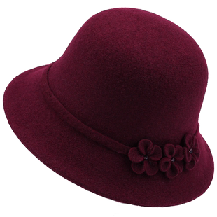 秋冬季羊毛呢盆帽中老年人女士妈妈礼帽冬天老人奶奶老太太保暖帽