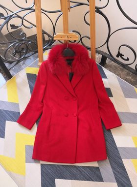 样品处理春秋中长款西服西装宽松大红色羊绒羊毛大衣外套狐狸毛领
