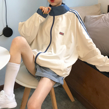 上衣潮 时尚 宽松中长款 条纹长袖 2019年新款 bf风运动外套女秋装 韩版