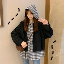 韩版 女秋季 BF风格 2019新款 宽松工装 子拼接假两件外套 连帽长袖 衬衫