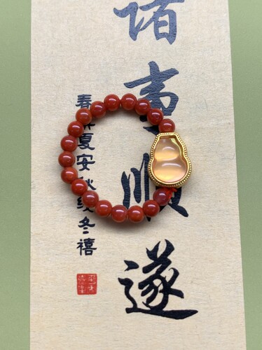 天然南红玛瑙女士南红戒指转运珠搭配葫芦粉水晶南红尺寸3.3mm