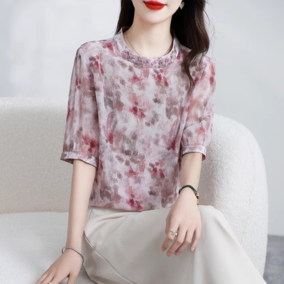 2025新款真丝上衣女短袖小衫印花100%桑蚕丝小众别致T恤气质夏季